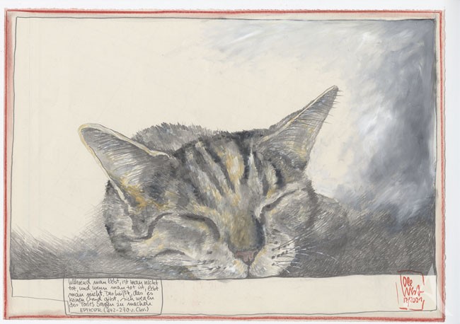 Original- Zeichnung - schlafende Katze - "Während man lebt..." von OLE WEST