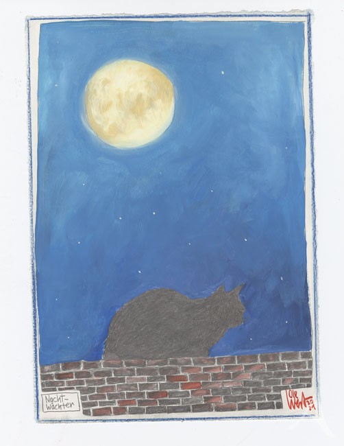 Zeichnung "Nachtwächter" (Katze) - OLE WEST - UNIKAT