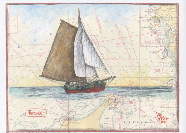 Zeichnung "Farewell" (Segelschiff) ca. 30 x 40cm - OLE WEST - UNIKAT