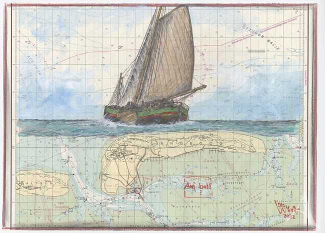 Zeichnung "Auf Bald..." (Segelschiff vor Langeoog) ca. 30 x 41,5 cm - OLE WEST - UNIKAT