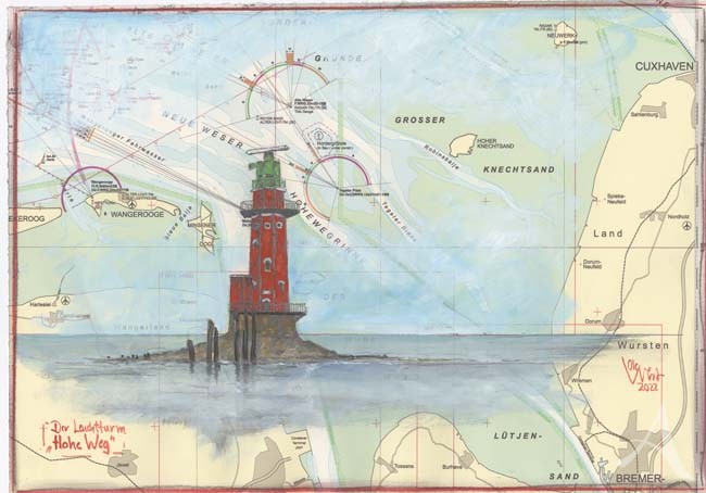 Zeichnung "Der Leuchtturm Hohe Weg", ca. 30 x 42cm - OLE WEST - UNIKAT