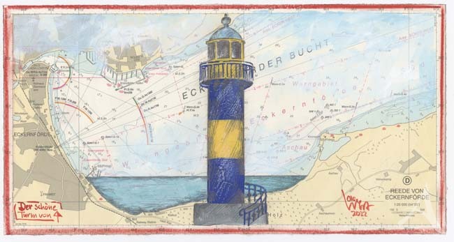Zeichnung "Der schöne Turm von Eckernförde", ca. 18 x 35cm - OLE WEST - UNIKAT