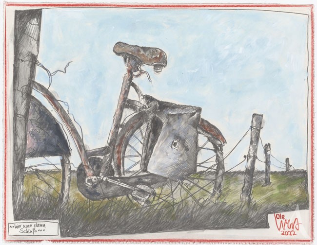 Zeichnung "...hier war dann Schluß" (Fahrrad) - ca.: 21,5 x 28cm - OLE WEST - UNIKAT