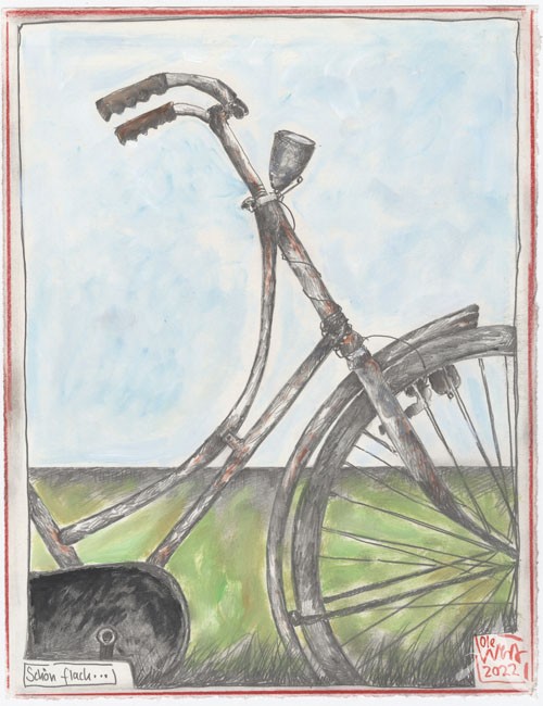 Zeichnung "...schön flach" (Fahrrad) - ca.: 21,5 x 28cm - OLE WEST - UNIKAT