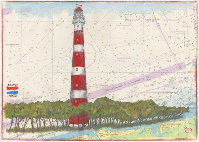 Große Zeichnung - Der Leuchtturm von "AMELAND" - Ole West - ca.: 50,5 x 70,5cm