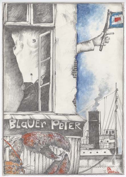 Zeichnung "BLAUER PETER" von Ole West - ca.: 30 x 42cm