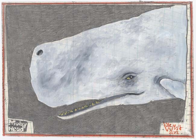 Zeichnung in Mischtechnik "Moby Head" (Wal) von Ole West - ca.: 21 x 30cm