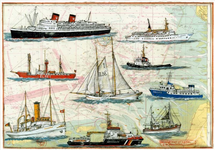 Kunstdruck "Historische Schiffe der Elbmündung"