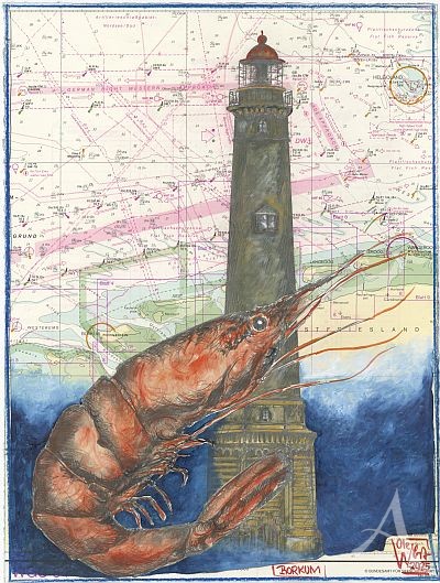 Original- Zeichnung von OLE WEST - "Leuchtturm Borkum"