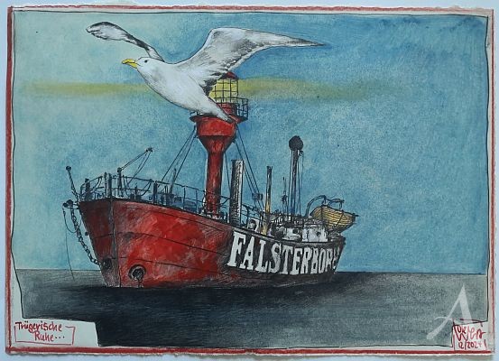 Feuerschiff-Zeichnung von OLE WEST "Trügerische Ruhe..." - Unikat!