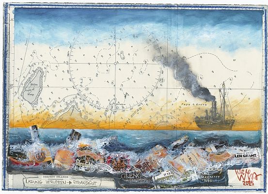 Zeichnung mit Collage "Ladung verloren - STRANDGUT" von Ole West