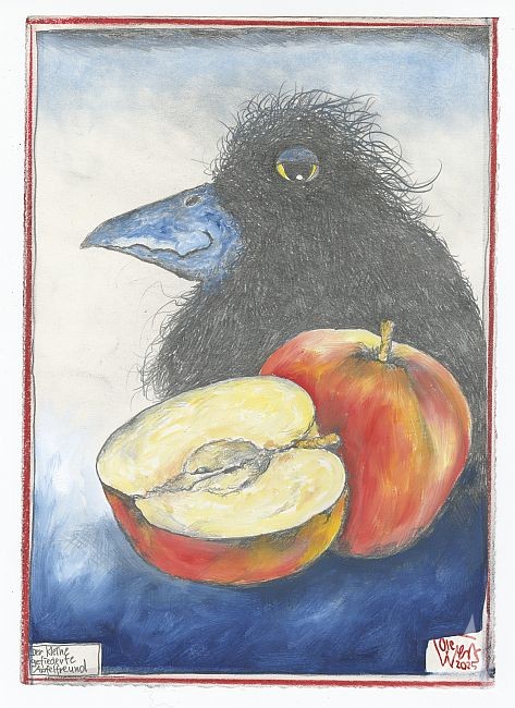 "Der kleine gefiederte Apfelfreund" - Originalzeichnung aus dem Kochbuch "ÄPFEL AN BORD"