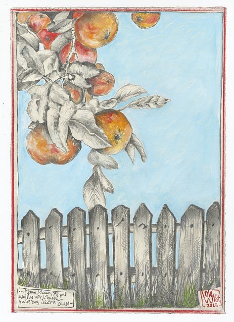 "..klaun, klaun, Äppel woll`n wir klaun..." - Original-Zeichnung aus dem Kochbuch "ÄPFEL an BORD"