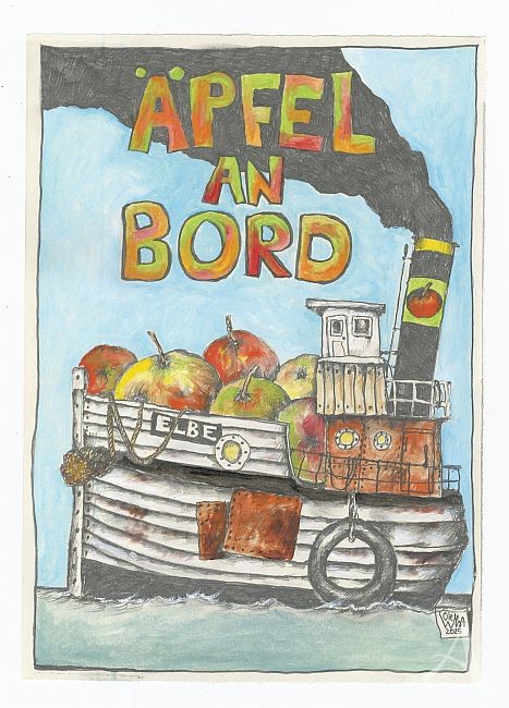 "ÄPFEL an BORD" - ORIGINAL-ZEICHNUNG ! Das Titelbild des neuen Kochbuchs