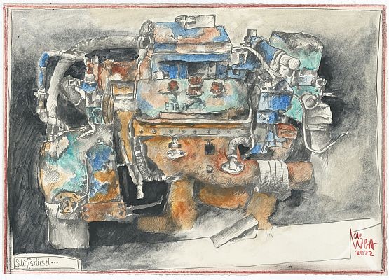 Original- Zeichnung "Schiffsdiesel" auf Seekarte - Ole West
