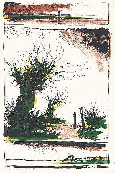 Rarität von 1991 - Handgedruckte Lithographie "ELBLAND" von Ole West