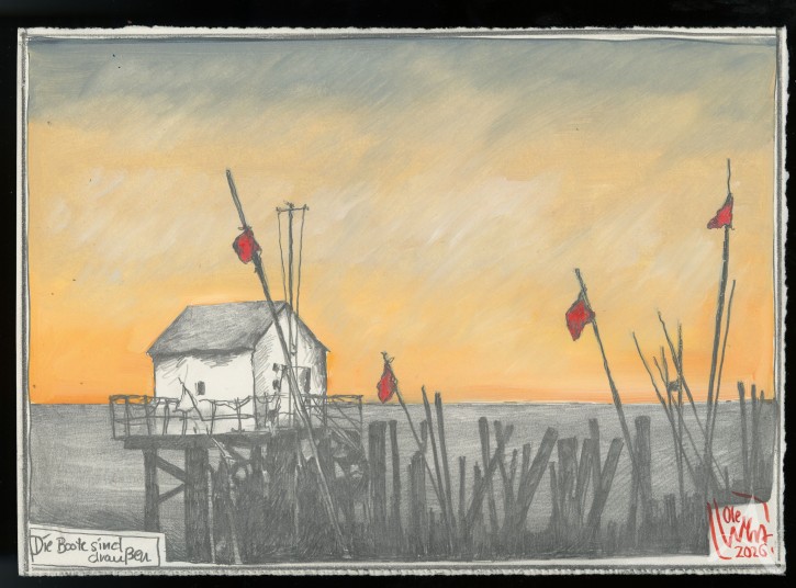 "Die Boote sind draußen... - Original-Zeichnung von Ole West