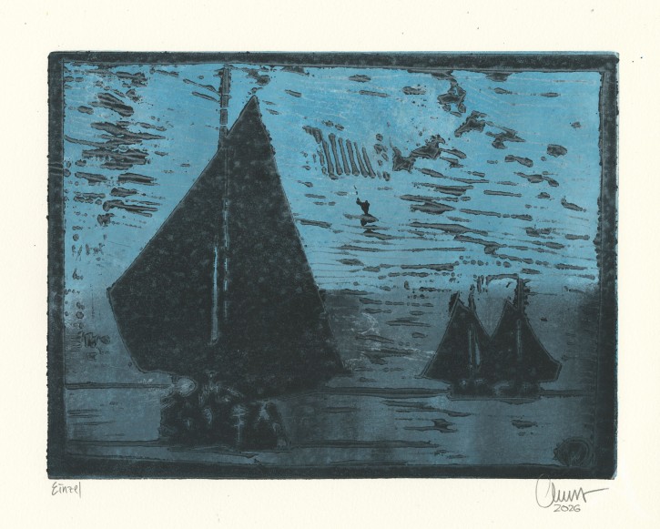 ORIGINAL-HOLZSCHNITT - "Schiffe (blau)"
