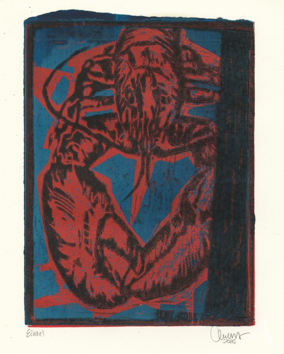 ORIGINAL-HOLZSCHNITT "Hummer (blau-rot"