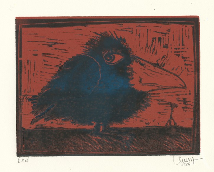 ORIGINAL-HOLZSCHNITT - "Vogel - schwarz-blau auf braun"