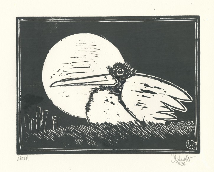 ORIGINAL-HOLZSCHNITT "Vogel mit Mond"