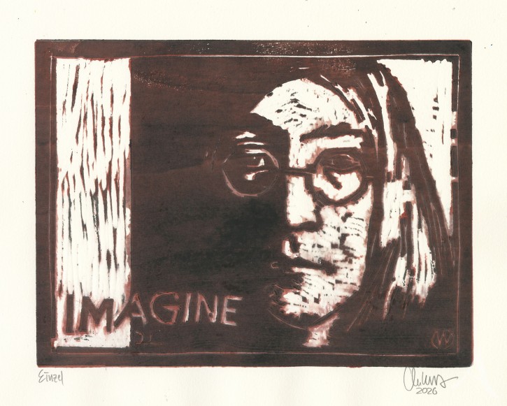 ORIGINAL-HOLZSCHNITT "Imagine (John Lennon)" braun - wet