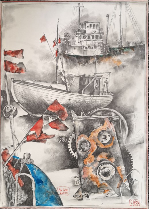 Große Original-Zeichnung "Am Hafen zeichnen..." von Ole West