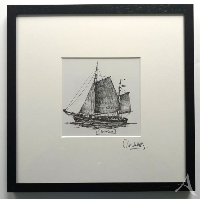 "Segelboot" (s/w) - GERAHMTER Kunstdruck - HANDSIGNIERT von Ole West - (30 x 30)