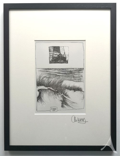 "Segelboot / Strand" (s/w)" - GERAHMTER Kunstdruck - HANDSIGNIERT von Ole West - (30 x 40)