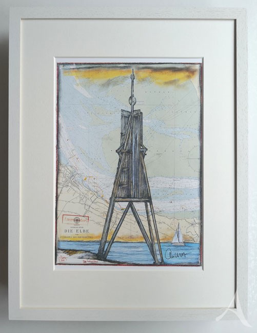 "Kugelbake / Cuxhaven" - GERAHMTER Kunstdruck - HANDSIGNIERT von Ole West - (30 x 40)