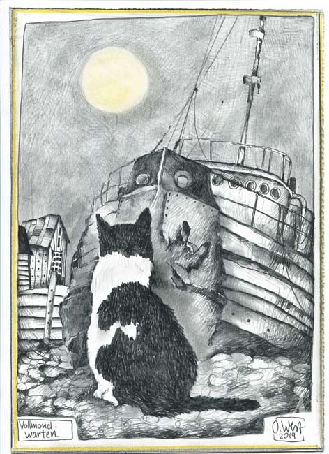 Kunstdruck "VOLLMOND-WARTEN" / Katze - von OLE WEST