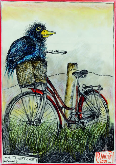 Kunstdruck - "...ob Sie oder Er mich mitnimmt?" (Vogel / Fahrrad) von Ole West