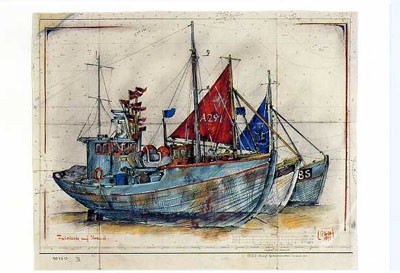 Postkarte "Fischerboote auf dem Strand"