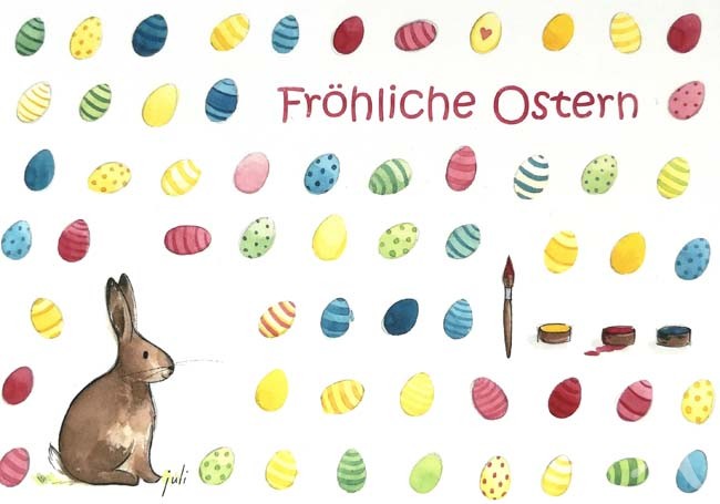 Postkarte "Fröhliche Ostern" (Hase mit bunten Eiern)